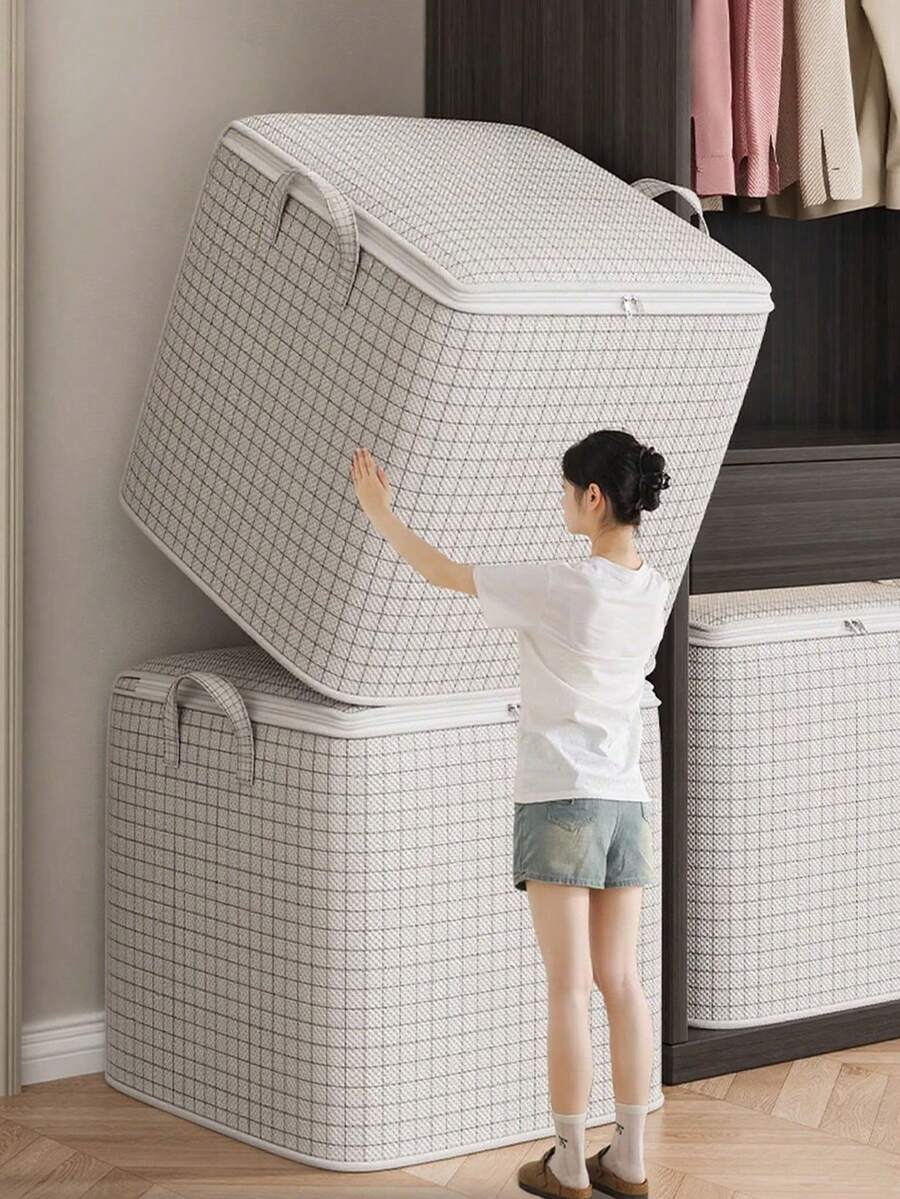 1PC Checkered Clothing Storage Bag, Quilt Storage Bag, Foldable Large Capacity Clothing Storage Bag, Moving Organization Bag, Out Of Season Clothing Storage Bag, Wardrobe Classified Storage, Soft Cloth Storage Bag With Zipper Waterproof And Dustproof, Suitable For Home Storage Of Blankets, Pants, Clothing, Toys, Etc., Home Storage Of Decorative Items - White - View 1
