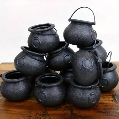 6/12pcs, Mini Witch Bucket Cauldron Kettles, Novelty Candy Kettles, Halloween Black Cauldrons Candy Holder, Witches Cauldron, Cauldron Pot Halloween Party Favors