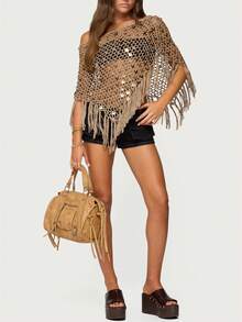 Women Sequin Knit Poncho Fringe Hem Off Shoulder See-Through Crochet Cape Sheer Shrug Lightweight Beach Cover Ups - 棕色 - 查看 3