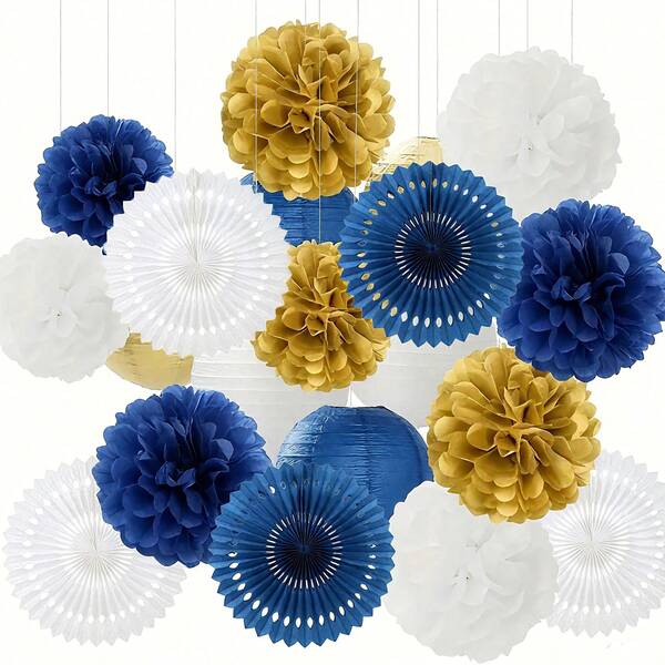 21pcs Navy Blue & Gold Party Decoration Set, Includes Paper Flower Bouquet/Hanging Lanterns/Pom Poms/Ribbons, Suitable For Wedding, Bridal Shower, Birthday, Graduation, Theme Party, Home Decor, Spring/Summer/Autumn