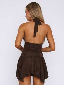 Women Halter Neck Mini Dress Flowy Irregular Ruffle Hem Backless Summer Ruched Cocktail Party Dresses - 棕色 - 查看 4