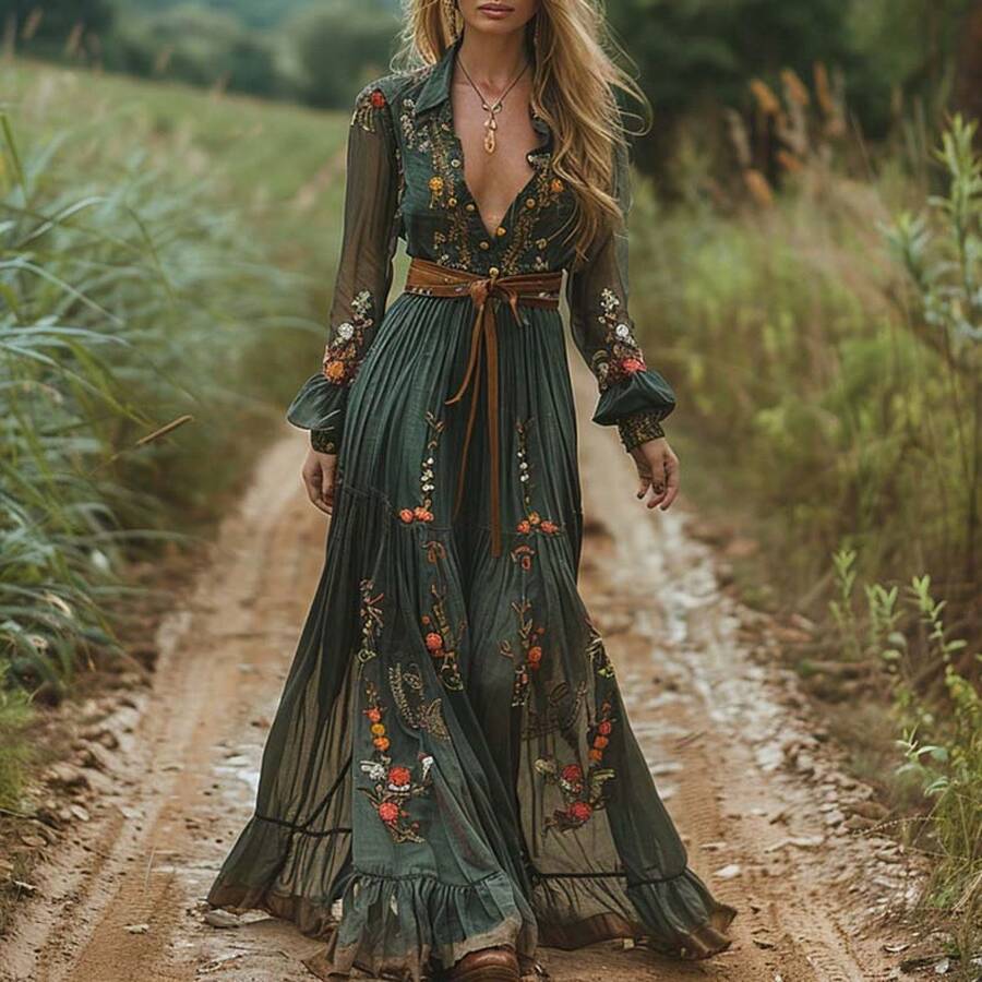 2025 European And American Women's Fashion  Independent Station Long Sleeve Printed Long Dress Shirt Collar Long Dress Vestidos Elegantes Para Fiesta - 綠色 - 查看 1