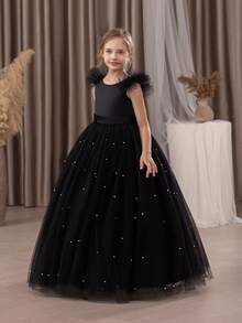 Abito elegante da festa in tulle con maniche a cappuccio e fiocco in perline, realizzato a mano per ragazze pre-adolescenti. Abito da principessa adatto come regalo di compleanno per ragazze, per feste, banchetti, matrimoni, damigelle, e recite scolastiche. - nero - Visualizzare 2