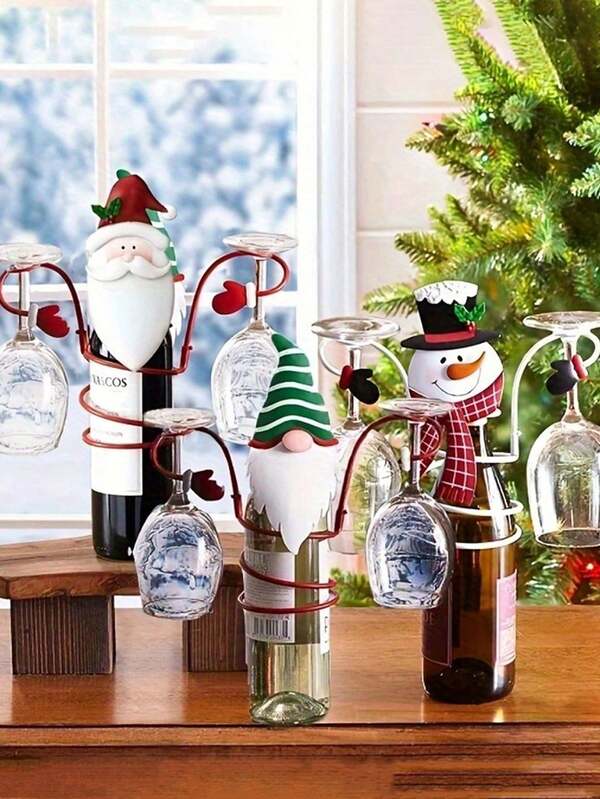 1pc Christmas Wine Bottle Holder With Santa & Snowman Design Cute And Durable Wine Bottle Glass Holders For Christmas Party,Holiday Tabletop Display For Wine Glasses, Festive Kitchen & Dining Decor