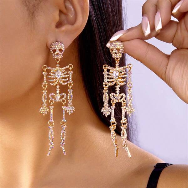2 pièces Boucles d'oreilles crâne d'Halloween entièrement ornées de strass, convenant pour un port quotidien