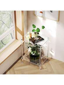 2-Tier Acrylic Glass Edge Side Table, Small Modern Nightstand, Home Decor Table Shelf For Office, Bedroom, Living Room, Study