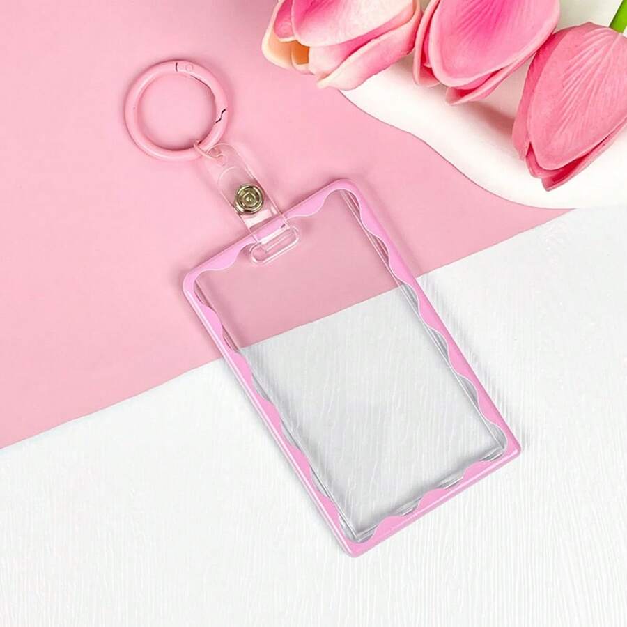 Simple Color Wave Card Holder,Acrylic Transparent Kpop Idol Photocard Holder Cute Love Heart ID Credit Card Sleeve Cover Protector With Pendant Keychain - 粉色 - 查看 1