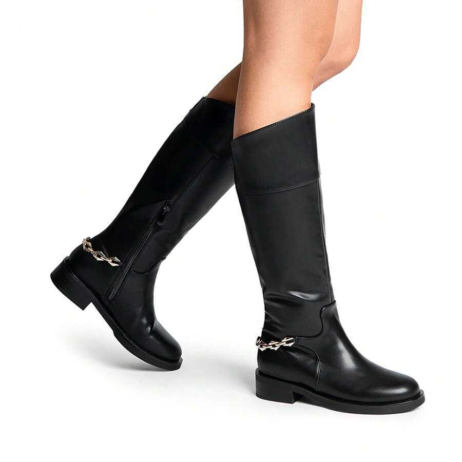 Women's Flat Round Toe Knee High Boots Low Block Heel Side Zipper Boots Fashionable Comfortable Chain Decorated Boots For Fall And Winter - 黑色 - 查看 1