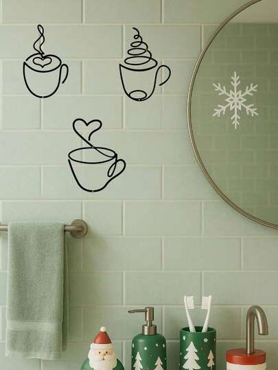 3 Pcs Black Coffee Cup Metal Wall Art Set - Modern Iron Sculpture With Graphic Patterns, Christmas Gallery Wall For Living/Dining Room (Cultural Art Decor).Suitable For Modern Home Decor, Home Decoration, Room Decor, Bedroom Decor, Bathroom Decor, Waterproof, Rust Proof And Durable, Wall Decor, Birthday Gift