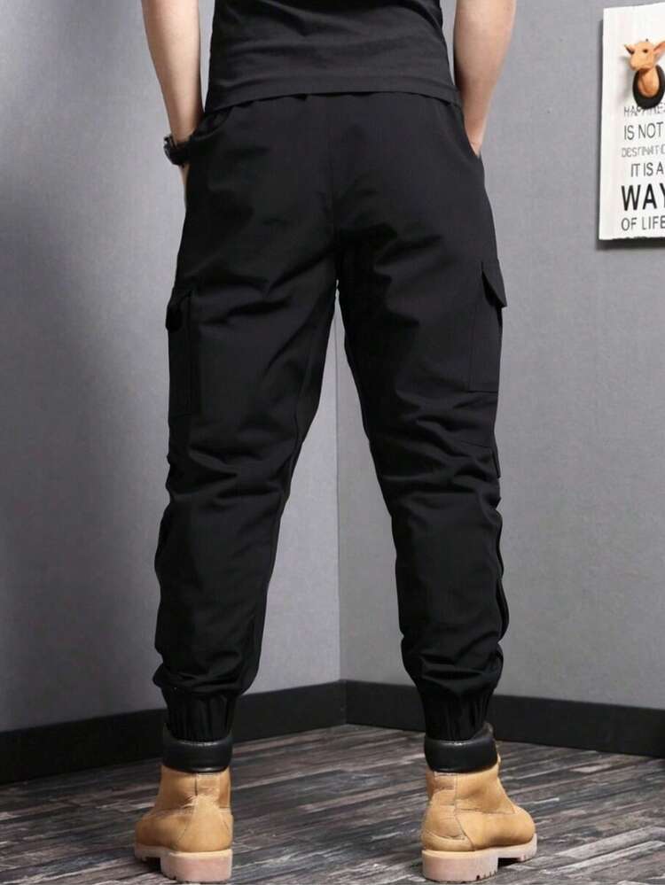 男士休闲户外工装裤，纯色踝部系带抽绳多口袋七分裤，简约百搭，弹性腰带，适合送给丈夫或男友 - 黑色 - 查看 2