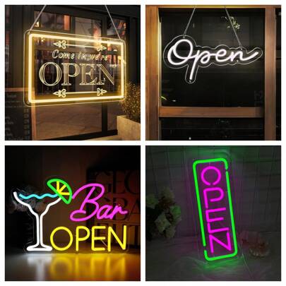 1 件霓虹灯营业标志，适用于商业窗口，暖白色“请进，我们营业中”LED 标志，USB 供电，明亮发光营业标志，适用于酒吧沙龙咖啡店俱乐部餐厅门墙装饰