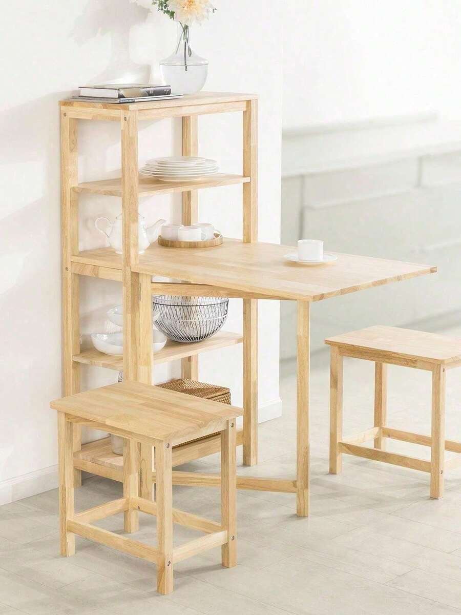 SoBuy FWT70-N، طاولة طعام قابلة للطي، طاولة غرفة الطعام، طاولة المطبخ مع 5 رفوف تخزين، طاولة طعام من خشب المطاط - بني - مشاهدة 1