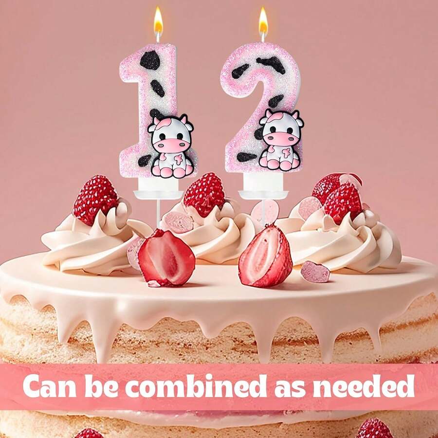 Velas de cumpleaños con brillo de vaca rosa, decoraciones de cumpleaños número 1, decoraciones de cumpleaños de 1 año, vela número 1 para pastel, vela con tema vaquera número para decoración de fiesta de cumpleaños (0~9 años) - Rosa - Ver 1