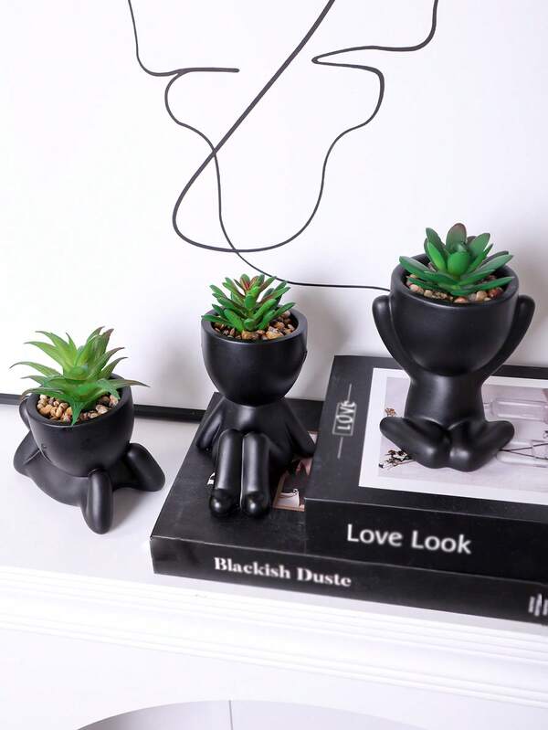1pc/3pcs Artificial Succulent Plants, Single Miniature Succulent Potted Plants, 3 Shapes Available, Black Ceramic Pot, Cartoon Design, PP/PE Material, Green, Desktop Decor, Home Decor, Garden Decor, School, Dorm, Office Decor, Outdoor Plants, Gardening, Fake Flowers, Back To School Room Decor, School Supplies