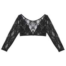 Women Summer Sexy Blouse, Lace Sheer Deep V-Neck Long-Sleeves Tight-Fitting Crop Top For Girls, Black/White - 黑色 - 查看 7