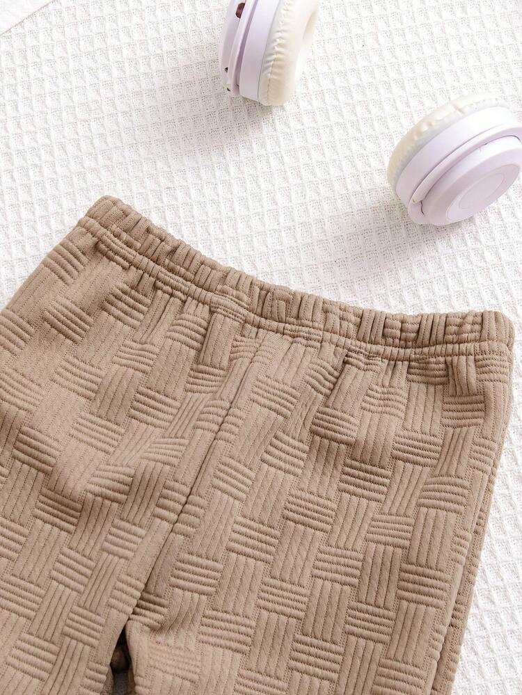 Bhchntiy 2 件男婴秋冬新款拼布罗纹 Polo 领提花面料纯色卫衣和纯色提花面料裤子休闲时尚套装 - 卡其色 - 查看 7