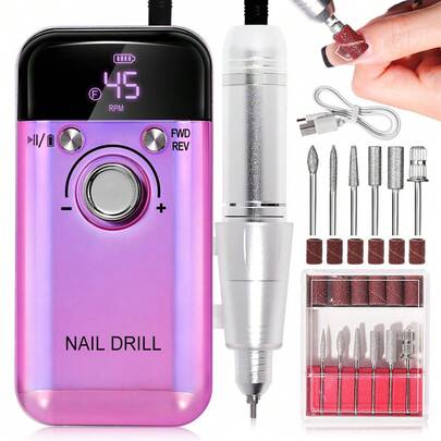 Ponceuse à Ongles Professionnelle 45000 tr/min - Dépose de Vernis & Formage - Portable et Sans Fil - 6 Embouts - Idéal Manucure/Pédicure