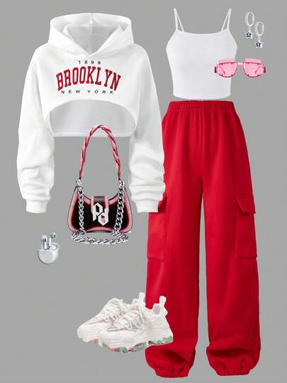 Girls' Clothes, 10-Year-Old Girl's European And American Autumn And Winter New Sweatshirt Suit, English Printed LOGO Fashion Longsleeved Short Top Vest Long Pants Three-Piece Suit, Suitable For Daily Wear, Outdoor Leisure Street Style, Street Dance Jazz Dance Work Pants Suit.