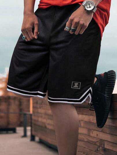 1件青少年男童休闲舒适简约字母装饰短裤，夏季