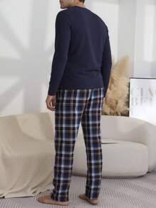 Men's Plaid Print Crew Neck Long Sleeve Top And Pants 2 Pieces Pajama Set, Casual And Comfortable Loungewear For Spring And Autumn, Winter Clothes