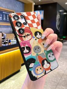 Black TPU Soft Phone Case With Checkered Cartoon Cat Pattern, Anti-Fall, Anti-Scratch, Fingerprint-Proof, Camera Lens Protection, Compatible With Samsung, Redmi, OPPO, VIVO - Black - View 1