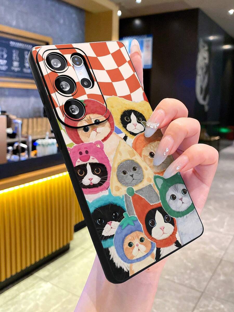 Black TPU Soft Phone Case With Checkered Cartoon Cat Pattern, Anti-Fall, Anti-Scratch, Fingerprint-Proof, Camera Lens Protection, Compatible With Samsung, Redmi, OPPO, VIVO - Black - View 1