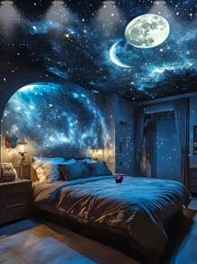 1 件声控星空投影 LED 灯 - 梦幻夜灯，带变色、月亮和星星，USB 供电现代家居装饰，适用于客厅、卧室、圣诞节和万圣节礼物、卧室夜灯 | 星空和月亮主题 | 塑料灯罩，卧室 LED 灯