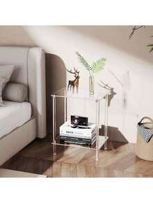 2-Tier Acrylic Glass Edge Side Table, Small Modern Nightstand, Home Decor Table Shelf For Office, Bedroom, Living Room, Study