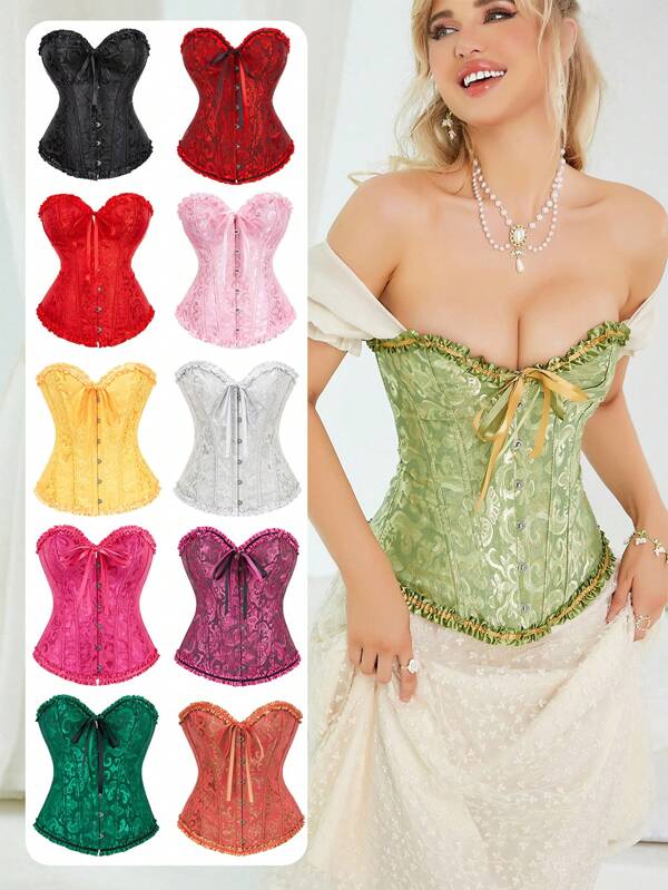 Women's Floral Jacquard Ruffle Hem Bustier Crop Top, Bodycon Waist Cincher Corset Top, Suitable For New Year Party, Valentine's Day, Holiday, St. Patrick's Day, Halloween Costume