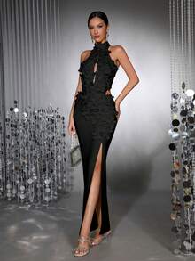 全新时尚白色碎花 3D 性感立领无袖镂空露背高开衩绷带连衣裙，优雅女士正式晚礼服，适合婚礼、派对、节日 - 黑色 - 查看 4