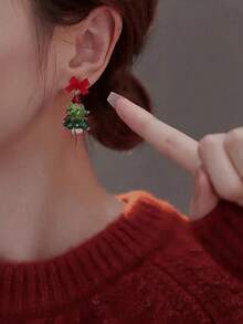 一对可爱甜美红色蝴蝶结圣诞树形耳环适合女性任何场合 - 彩色 - 查看 4