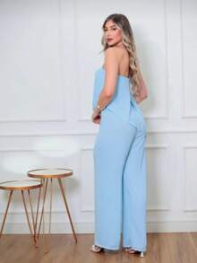 Long Asymmetrical Strapless Pantaloon Jumpsuit Spring Summer - Baby Blue - View 2