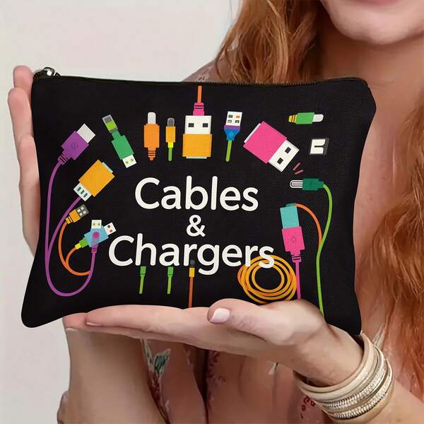 Schwarze Tech-Symbol bedruckte Kabel- & Ladegerät-Organizer-Tasche - Strapazierfähige Stoffreisehülle für Powerbank, Kabel & Elektronik-Zubehör - Unisex Tech-Geschenk, Kabel-Organizer