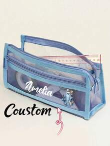 个性化姓名透明大容量铅笔盒，时尚简约铅笔盒，可定制姓名铅笔盒，大容量尼龙网眼透气透明铅笔盒，考试/学生文具包，网眼铅笔盒，简约学生用品盒，学校办公用品，返校用品，学习用品 - 彩色 - 查看 3