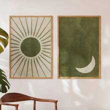 Sun And Moon Wall Set Of 2 Art Prints, Sage Green Wall Arts Abstract Boho Posters, Olive Green Wall Arts, Day And Night Art, Boho Minimalist Gift, Ramadan Decorations, No Frame,Green Decor - Black - View 2