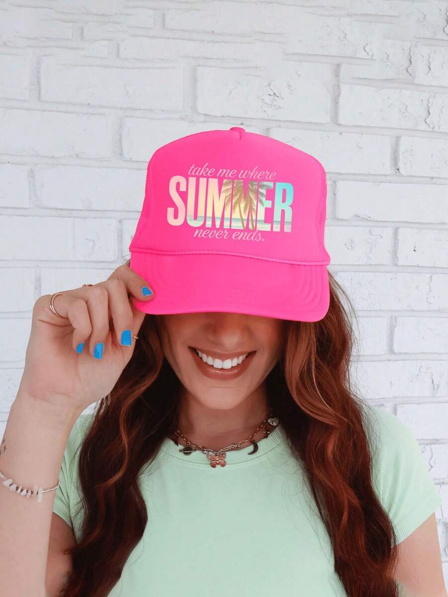 1pc Y2K Printed "SUMMER" Drawstring Sponge Mesh Baseball Cap, Breathable Adjustable Golf Sun Hat, Fashionable Curved Brim Sun Hat For Women And Men, Couple Y2K Sun Visor