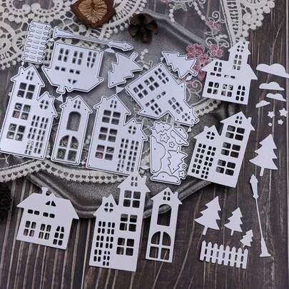 House Trees Cutting Dies For Card Making And Photo Album Decorations, House City Die Cuts Home Tree Dies Sets Stencils Embossing Template For DIY Scrapbooking Craft