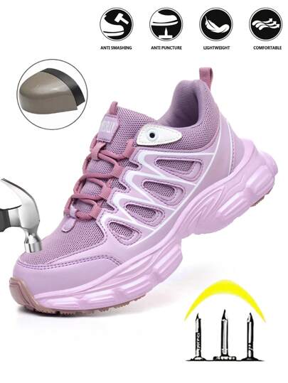 UMBURLLY 1 paire de chaussures de sécurité à lacets en tissu rayé pour femmes, chaussures de travail anti-écrasement et anti-perforation pour l'extérieur, toutes saisons