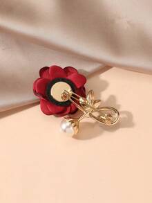 Flower & Faux Pearl Decor Brooch Valentines - Red - View 3