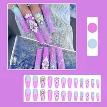 Long Press On Nails Coffin Fake Nails Purple False Nails With 3D Gold Butterfly Rhinestones Designs Glossy Nail Press Ons Acrylic Artificial Nails Summer Stick On Nails For Women 24Pcs - 長款-C5C5 - 查看 6
