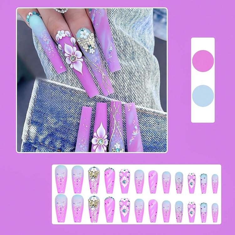 Long Press On Nails Coffin Fake Nails Purple False Nails With 3D Gold Butterfly Rhinestones Designs Glossy Nail Press Ons Acrylic Artificial Nails Summer Stick On Nails For Women 24Pcs - 長款-C5C5 - 查看 6