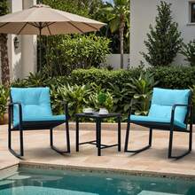 3 Pieces Outdoor Rocking Chair Furniture Sets Modern Patio Furniture Set Rocking Wicker Bistro Sets Cushioned PE Rattan Chairs Conversation Sets With Glass Coffee Table - Blue - View 3