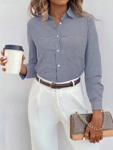 NAVY BLUE STRIPED WOMEN'S COMFORTABLE TOP SHIRT - Navy Blue - View 5