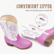 Girls Pink Glitter And White PU Western Cowboy Boots Pointed Toe Mid Calf Rhinestone Riding Cowgirl Boots For Toddler Little Big Kids Party School Holiday Dress Up - 粉拼白 - 查看 3