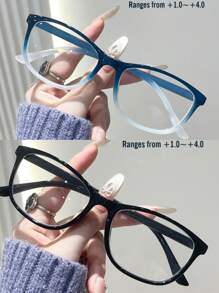 男女通用时尚渐进双光老花镜，三色方形镜框，弹簧铰链设计。适合运动、电脑操作、舒适阅读，便携设计，适合所有脸型。有渐变蓝、渐变棕、亮黑三种颜色可选。7种放大倍数可选 - 透明色 - 查看 32