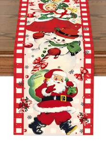 1pc Christmas Theme Tablecloth, 35x180cm, Vintage Style Pattern Design With Santa Claus & Snowman Motif, Suitable For Christmas Dining Room & Living Room Decor, Family Gathering, Winter Textile.