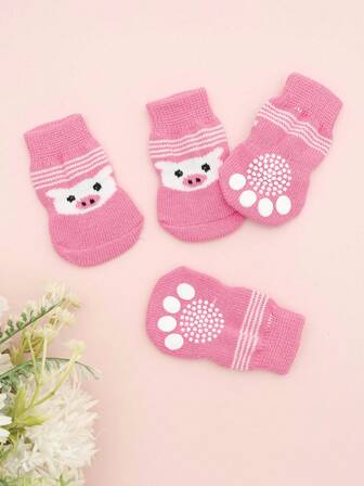 4 Pieces (1 Set) Cute Pet Dog Socks Printed Non-Slip Cat And Dog Shoes Small Dog Paw Protectors Suitable For Spitz Dog Yorkshire Terrier Chihuahua Indoor Anti-Fall