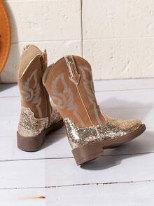 NILOSH 1 Pair Children's PU Square Toe Mid-Calf Cowboy Boots - Gold - View 5