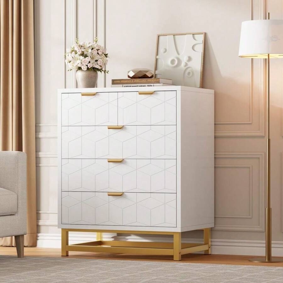 ShiningLove Drawer Dresser With Gold Metal Legs, Grey Stylish Storage Chest For Bedroom, Closet Or Living Room - Tủ quần áo 5 ngăn kéo màu trắng - Xem 1