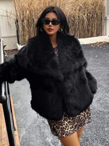 Seelio Autumn/Winter New Thick Faux Fur Collar Faux Fur Lined Mid-Length Fashionable Fur Coat - Black - View 8